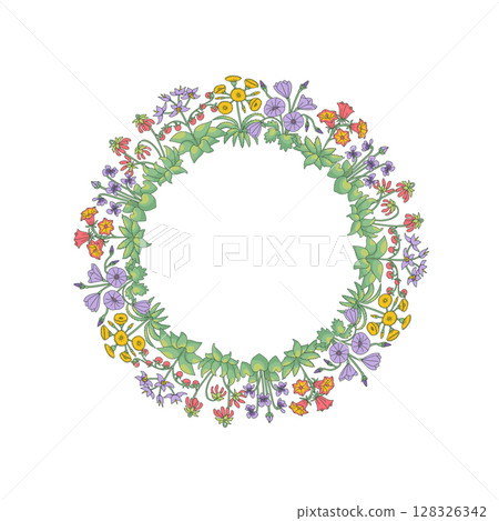 Hand drawn line art canary islands flowers wreath. Card template with cute floral frame Hand drawn line art canary islands flowers wreath. Card template with cute floral frame 128326342