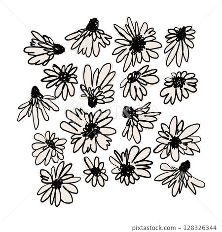 Hand drawn black ink abstract wild flowers composition print isolated on white background Hand drawn black ink abstract wild flowers composition print isolated on white background 128326344