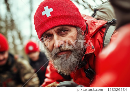 First responders assisting individuals in a challenging outdoor situation during winter 128326384