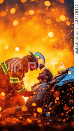 Firefighter rescues trapped man from car in blazing flames during emergency operation 128326396