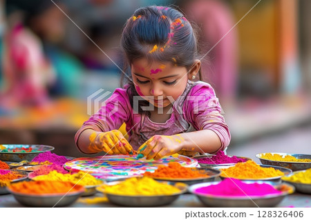 Young girl creates colorful art with vibrant powders during festival celebration 128326406