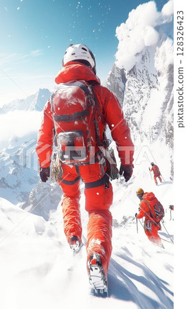 Mountain rescue team assists climber stranded in snowy terrain during a challenging ascent 128326423