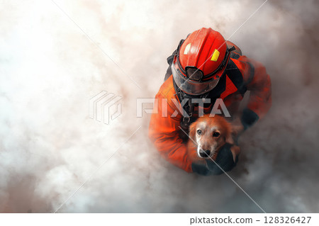 Firefighter rescues dog from smoke filled environment amidst rescue operation 128326427