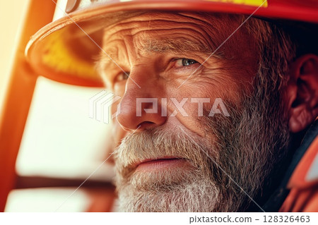 Firefighter bravely rescues elderly man from danger during emergency situation 128326463