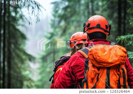 Rescue workers assist an injured hiker in a dense forest during challenging weather conditions 128326464