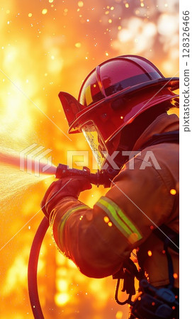 Firefighter actively battling flames while spraying water during a wildfire response effort 128326466
