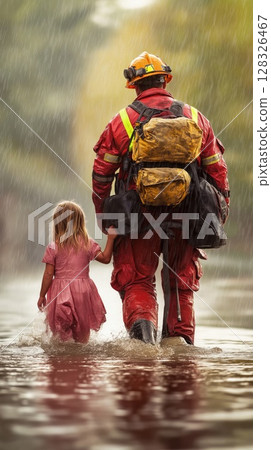 Rescue worker assists family during flood evacuation in heavy rain 128326467
