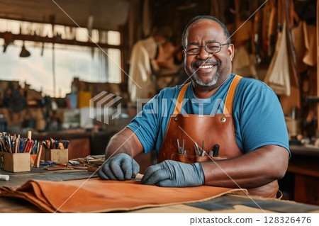 Skilled artisan of African descent restores old leather in workshop 128326476