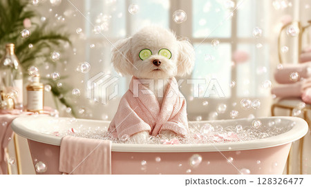 cute Maltese dog in bath with beauty treatments in robe relaxes 128326477