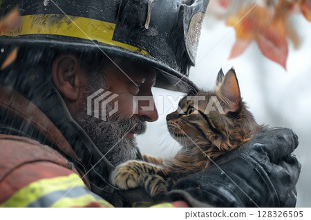 Firefighter rescues cat from tree during rainy day in urban neighborhood 128326505