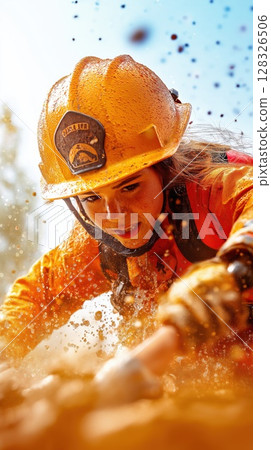 Young female firefighter skillfully using a fire axe in a challenging outdoor environment 128326506