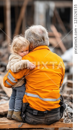 Rescue worker providing comfort to a crying child in a disaster area Rescue worker providing comfort to a crying child in a disaster area 128326535