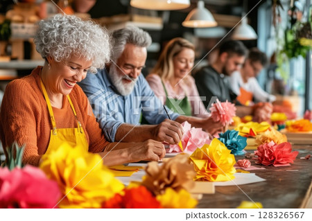 Group of diverse people creating colorful paper crafts in community workshop 128326567