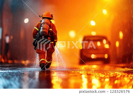 Firefighter sprays water on flames during midnight emergency response in urban setting 128326576