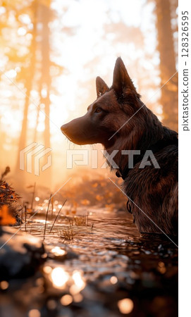 Rescue dog searches for survivors during golden hour in a forest setting Rescue dog searches for survivors during golden hour in a forest setting 128326595