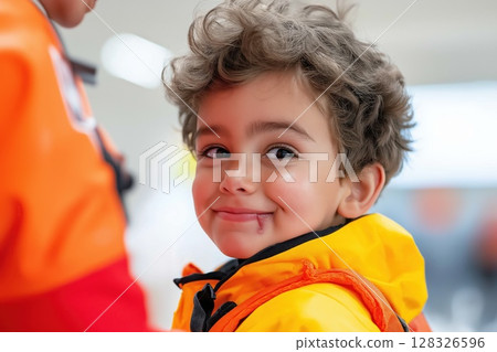 Paramedic provides care to young boy experiencing a nosebleed in a medical facility Paramedic provides care to young boy experiencing a nosebleed in a medical facility 128326596