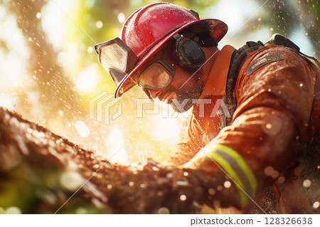 Firefighter uses chainsaw to remove fallen trees after storm in forest area 128326638