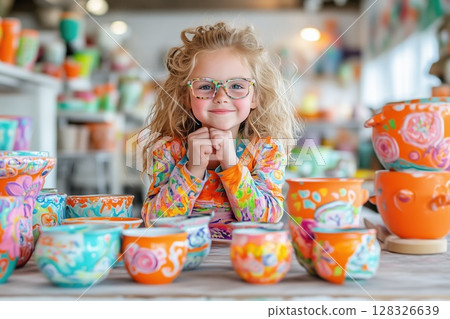 Teenage girl joyfully decorating colorful homemade pottery in vibrant studio 128326639