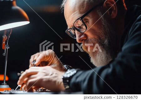 Expert craftsman restores vintage watch with precision in workshop 128326670