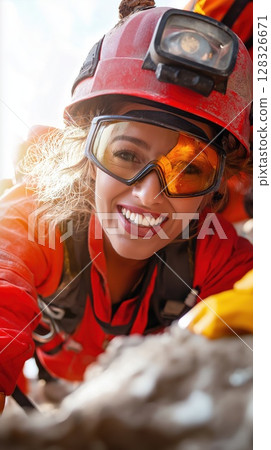 Team of first responders assisting a woman in need during a rescue operation 128326671
