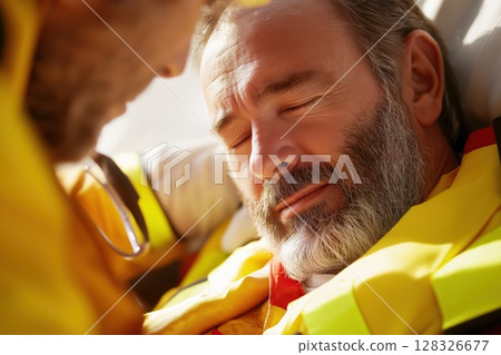 Paramedic attends to injured man while checking vital signs in daylight setting 128326677