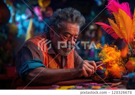 Skilled artisan of Latin American descent carefully carving a colorful mask in vibrant workshop 128326678