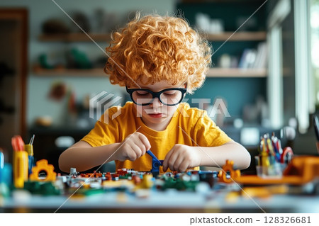 Young boy engaged in creative crafting of a detailed diorama for school project 128326681