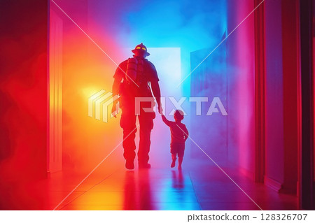 Firefighter carries child to safety from smoky hallway during emergency rescue operation 128326707