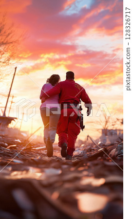 Rescue worker assists woman through debris at sunset Rescue worker assists woman through debris at sunset 128326717