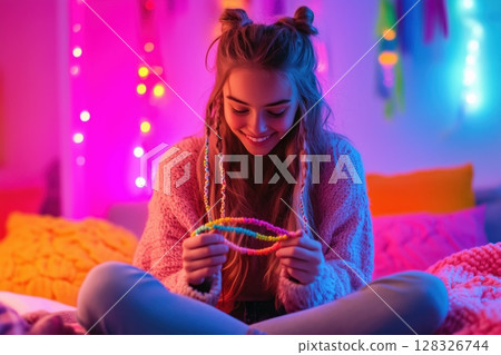 Teenage girl making colorful friendship bracelets in a cozy room with warm lighting 128326744
