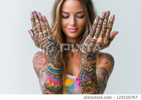 Woman of Middle Eastern descent showcasing intricate henna artistry on her hands 128326767