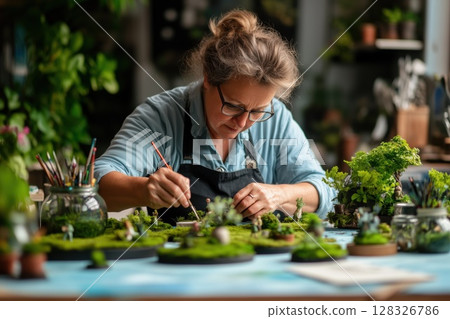 Middle aged woman creates beautiful miniature terrariums in a cozy crafting space 128326786