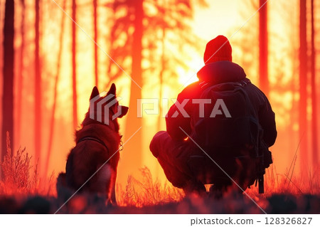 Rescue dog and handler search for missing persons at sunset in serene forest landscape 128326827