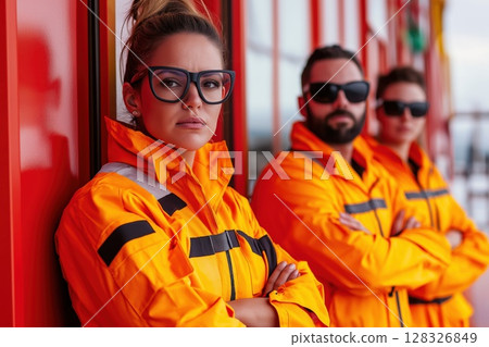 Diverse lifeguards in bright uniforms stand confidently at their duty station 128326849