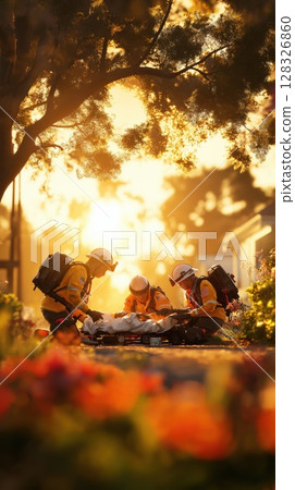 Paramedics work together during sunset to assist an injured individual in a community setting 128326860