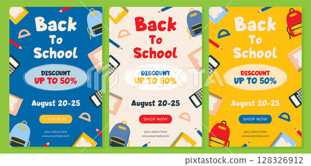 Back to School Discount Poster Set Flat Vector Illustration. Back to School Discount Poster Set Flat Vector Illustration. 128326912