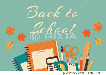 Back to School Poster in Retro Colors Flat Vector Illustration. Back to School Poster in Retro Colors Flat Vector Illustration. 128326915