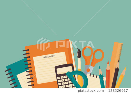 School Supplies in Retro Colors Flat Vector Illustration. School Supplies in Retro Colors Flat Vector Illustration. 128326917
