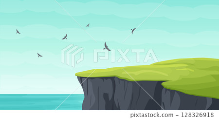 Peaceful Seaside Cliff Panorama Flat Vector Scene. 128326918