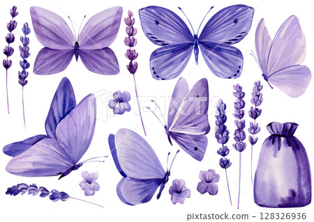 Lavender, lilac butterflies and lavender flowers watercolor clipart for summer invitations, poster, violet decor 128326936