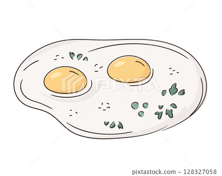 Fried eggs with herbs and peas isolated on white. Protein breakfast. Fresh chicken egg; healthy eating or farm freshness concept. Bright and clean design, minimal vector illustration.  128327058