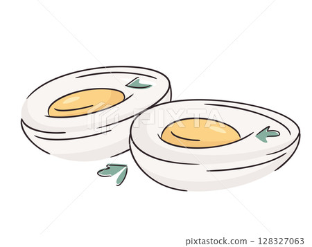 Boiled eggs cut in half with herbs. Fresh chicken egg; healthy eating or farm freshness concept, protein breakfast. Bright and clean design, minimal vector illustration. Boiled eggs cut in half with herbs. Fresh chicken egg; healthy eating or farm freshness concept, protein breakfast. Bright and clean design, minimal vector illustration. 128327063