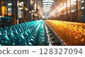 Brightly lit warehouse displays colorful plastic bottles on conveyor belts, emphasizing efficient manufacturing and recycling efforts. 128327094