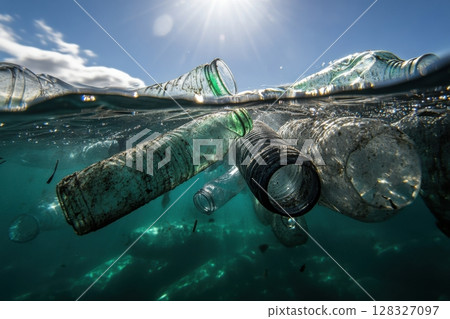 Plastic bottles and glasses drift in the ocean, illuminated by sunlight, highlighting the human impact on marine environments and sustainability. Plastic bottles and glasses drift in the ocean, illuminated by sunlight, highlighting the human impact on marine environments and sustainability. 128327097