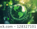 A vibrant green Earth is surrounded by dynamic arrows, signifying eco-friendly actions and a commitment to sustainability and global ecology. 128327101
