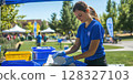 Volunteers actively engage in sorting various types of waste into designated bins during a community recycling event in a vibrant park setting. 128327103