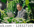 A smiling business professional engages with a laptop amidst vibrant indoor plants, highlighting a commitment to ecology and sustainability. 128327105