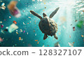 A sea turtle glides gracefully through clear blue water, surrounded by colorful microplastic debris floating around. 128327107