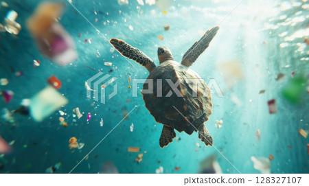 A sea turtle glides gracefully through clear blue water, surrounded by colorful microplastic debris floating around. 128327107