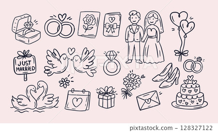 Wedding Doodle Sketch Icon Set Vintage Party Love Vector - Love, Rings, and Celebration Elements 128327122